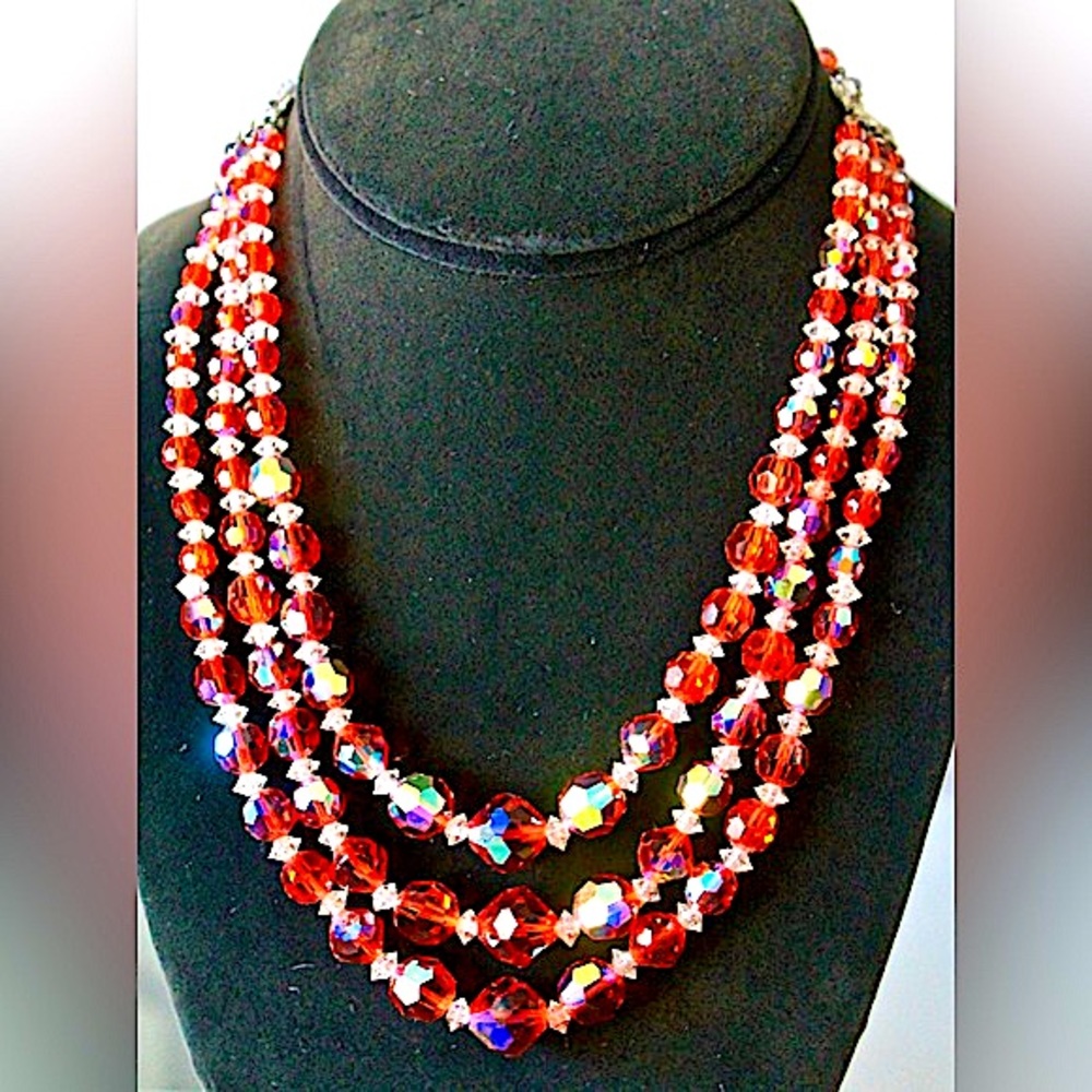 LAGUNA NECKLACE BRACELET EARRING VINTAGE 3PC SET ORANGE & CLEAR AURORA BOREALIS - Picture 4 of 11